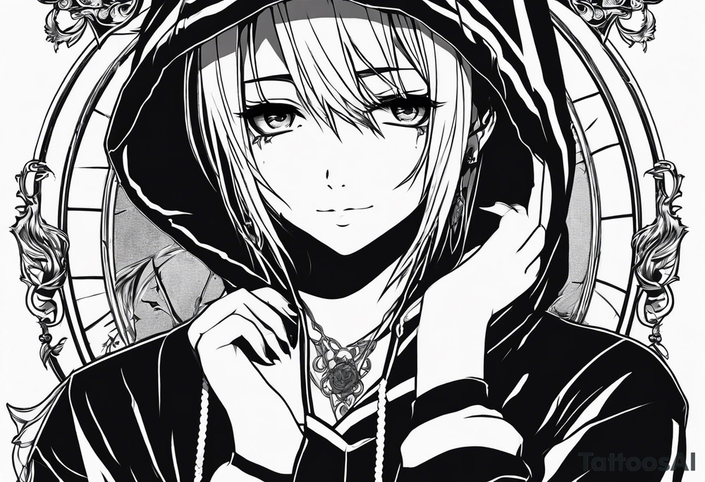 gothic anime style girl cries blood while laughing, full body with sweatshirt and hood tattoo idea