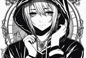 gothic anime style girl cries blood while laughing, full body with sweatshirt and hood tattoo idea