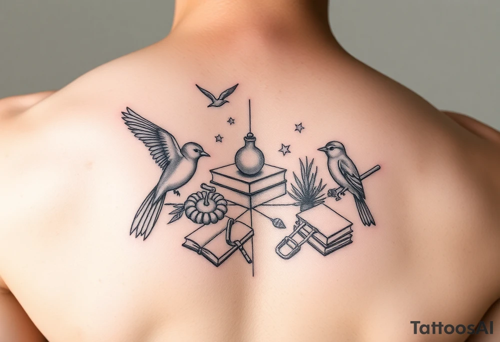 Minimalist fine line collage tattoo incorporating birds, nature, books, science tattoo idea