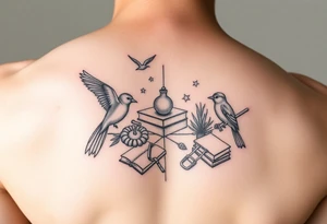 Minimalist fine line collage tattoo incorporating birds, nature, books, science tattoo idea