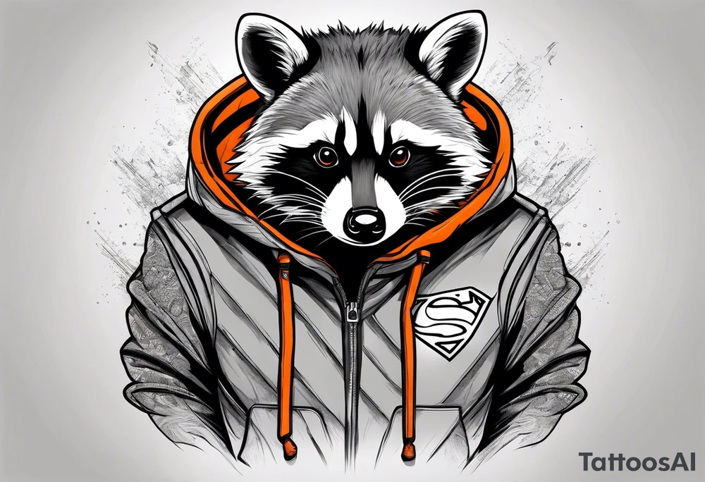 Raccoon wearing an orange Superman hoodie tattoo idea
