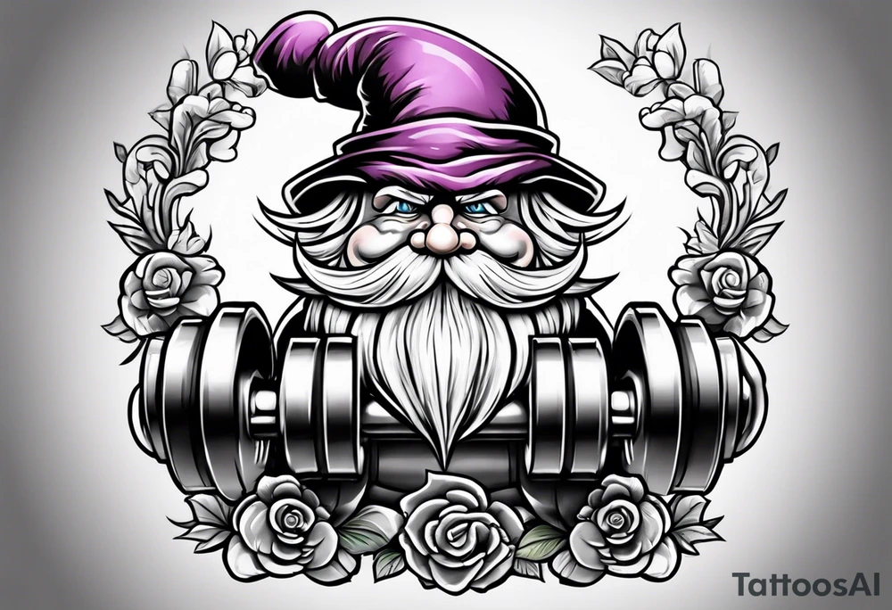 Strong old yard gnome lifting dumbells tattoo idea