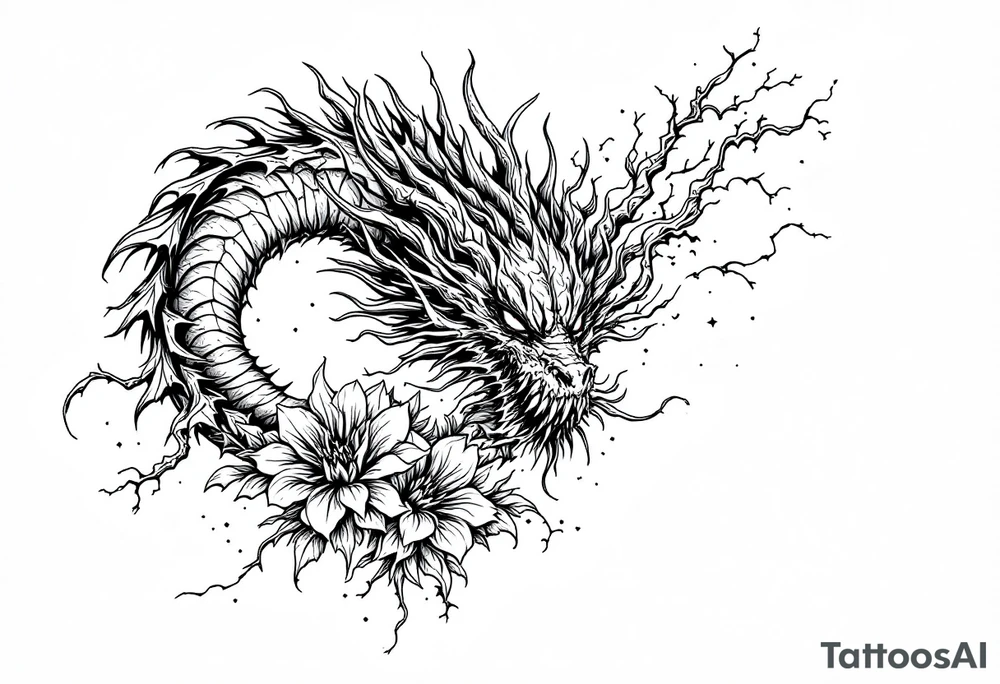 scary dragon with thunders and flowers as a filler tattoo idea