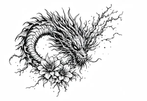 scary dragon with thunders and flowers as a filler tattoo idea