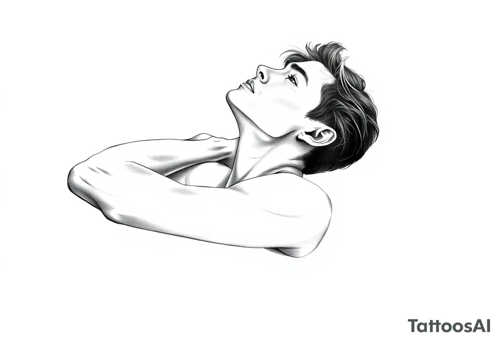 a naked man coveing his eyes and mouth and looking up the sky tattoo idea