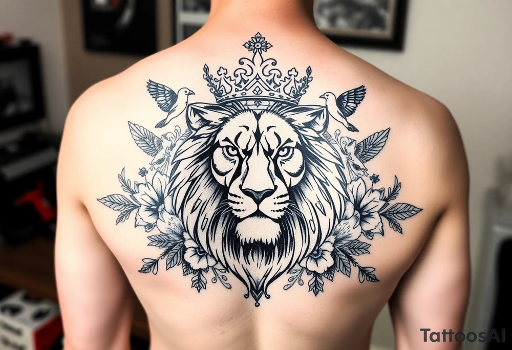 powerful majestic lion with a crown, surrounded by floral ornaments and birds tattoo idea
