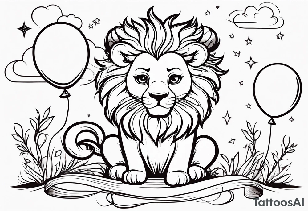 tatoo in sketch style only.
A little lion boy is holding a string to the hearth shaped small party baloon.
lion boy should be drawed from behind and has one hand reaching up in 45 degree angle and holding the baloon string
On the string is a wave which look like a hearbeat pulse.
draw it without any scenery, without any background. Just a boy 
Add heartbeat pulse on the string tattoo idea