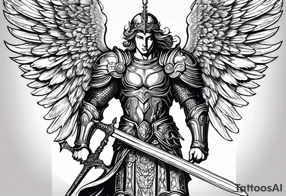 **Tattoo Design: Archangel Michael**

- **Central Theme**: Archangel Michael, majestic and powerful, stands ready with a raised sword, prepared to battle evil.
- **Appearance**: The figure of Archangel Michael depicted in full angelic armor, with majestic wings spread wide.
- **Expression**: His stance conveys strength, courage, and determination in defense of good.
- **Details**: Focus on intricate details such as facial features, armor embellishments, and the raised sword.
- **Background**: May be stylized as celestial, with rays of light or clouds, accentuating the divine presence of Archangel Michael.
- **Placement**: Intended for placement on the chosen body area, with the option to adjust the size according to personal preferences. tattoo idea