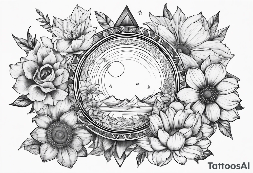 flowers around sun tattoo idea