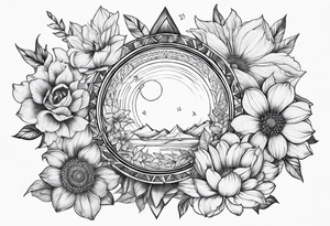 flowers around sun tattoo idea