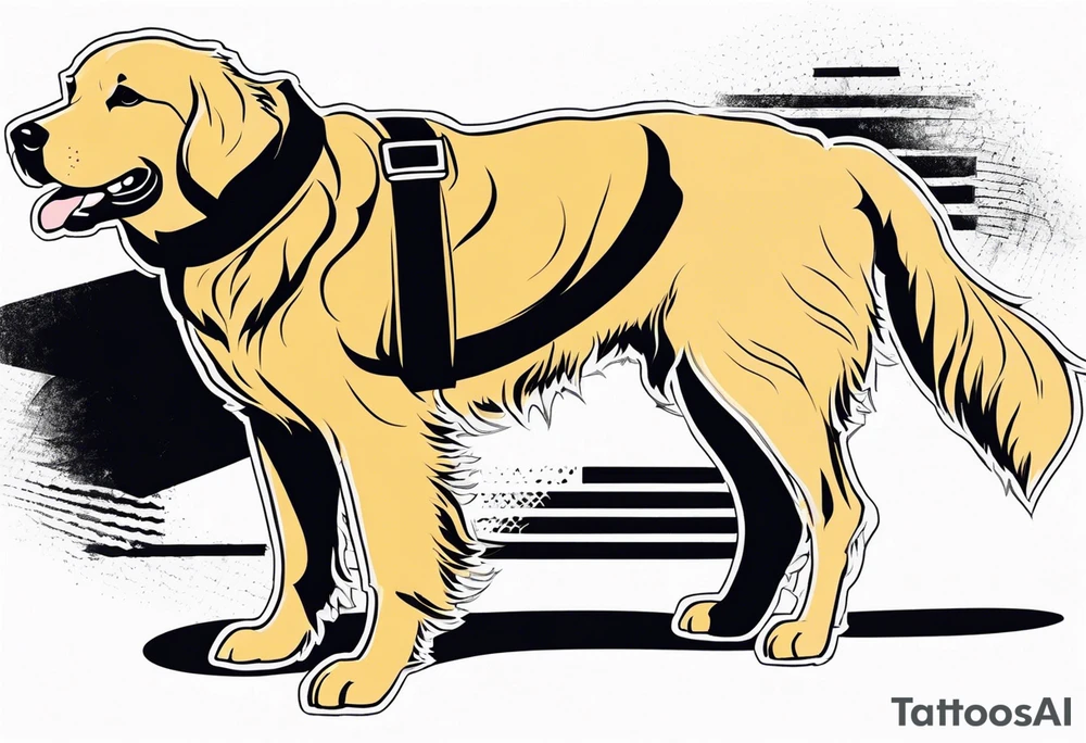 a golden retriever in a jujitsu gi full body view wearing a black belt tattoo idea