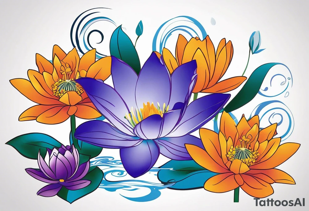 Design a vine of flowers tattoo Centerpiece: Blue and purple Water Lily: Place this at the center, its petals elegantly spread, symbolizing serenity. Place a blue butterfly resting on the waterlily Orange Marigold: Positioned to one side of and below the water lily, with vibrant petals, and a small bumblebee buzzing nearby. Purple Gladiolus: Tall and striking, place these on one side and above the water lily cascading slightly for a natural look. Purple Iris: Integrate these on the opposite side and above the water lily, their unique shape adding depth and contrast. Pink Rose: Position this slightly below the water lily with its delicate petals and gentle curves. Interweave around the water lily, Marigold and rose christmas holy vine with dark green leaves and red berries Vine and Leaves: Use flowing vines that interweave between the flowers, creating a cohesive look. Add leaves that vary in size and shape for a naturalistic tattoo idea
