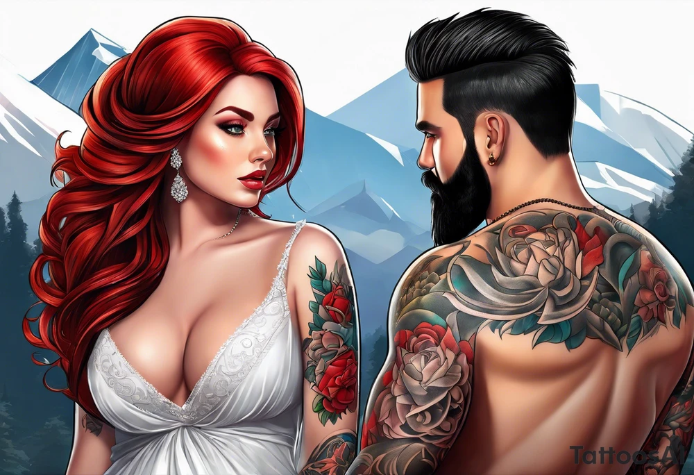 Busty red haired woman with a bearded man who has black hair getting married tattoo idea