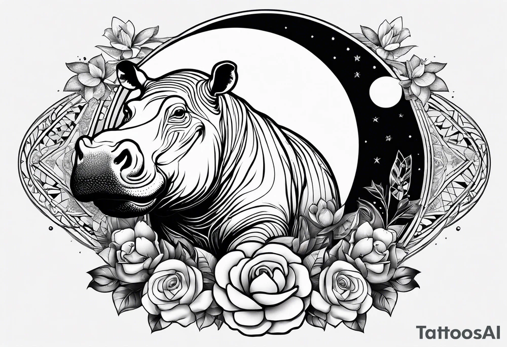 Hippo, flowers, moon, interstella,
fine lines, tribal, geometric tattoo idea