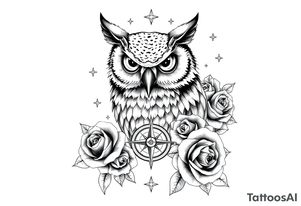 an owl,compass,roses,stars. tattoo idea