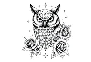an owl,compass,roses,stars. tattoo idea