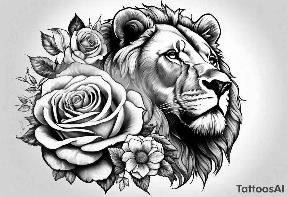 Rose on hand leading into clock bear lion tattoo idea