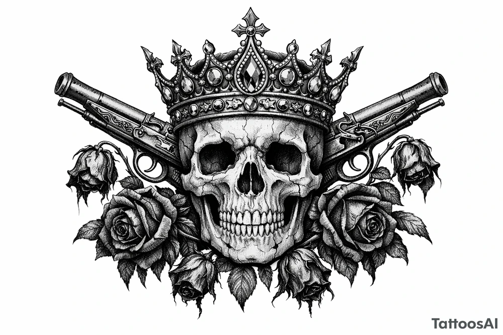Skull with a jeweled crown, antique flintlock pistols, wilting dark red roses, gothic style. tattoo idea