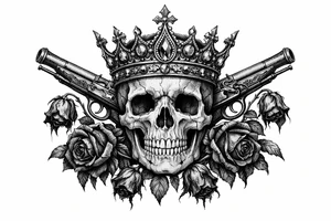 Skull with a jeweled crown, antique flintlock pistols, wilting dark red roses, gothic style. tattoo idea