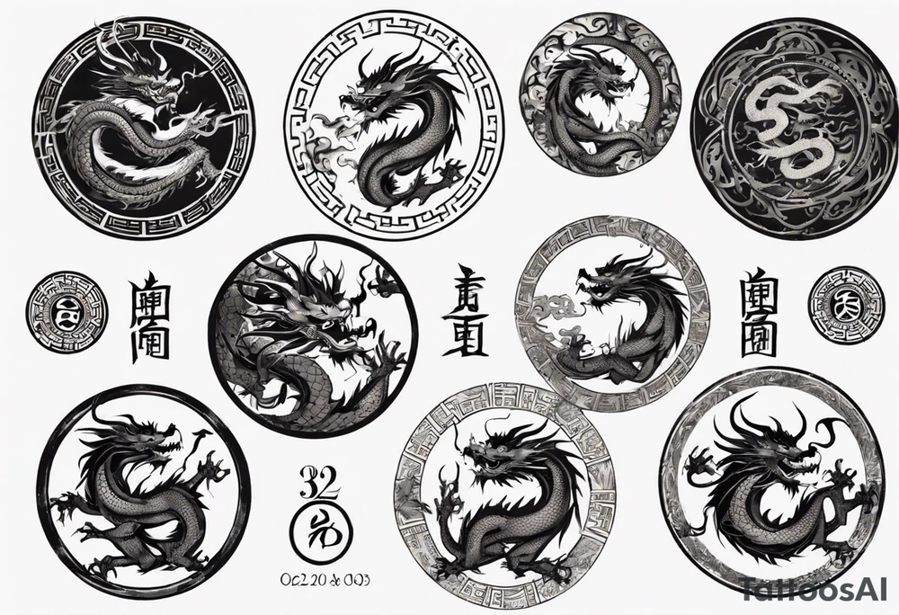 Chinese dragon in a circular shape with "02.03" written on its skin tattoo idea