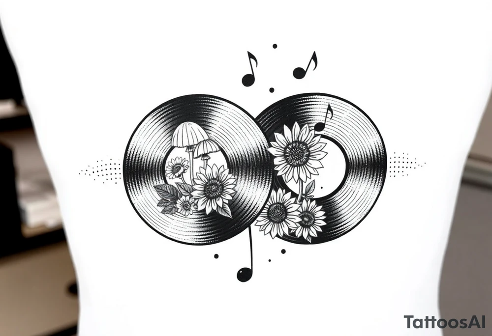 two overlapping vinyl records with mushrooms, sunflowers, and music notes tattoo idea