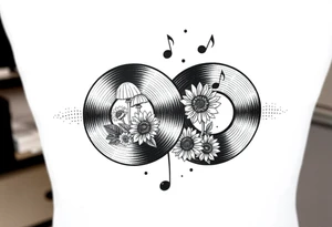 two overlapping vinyl records with mushrooms, sunflowers, and music notes tattoo idea