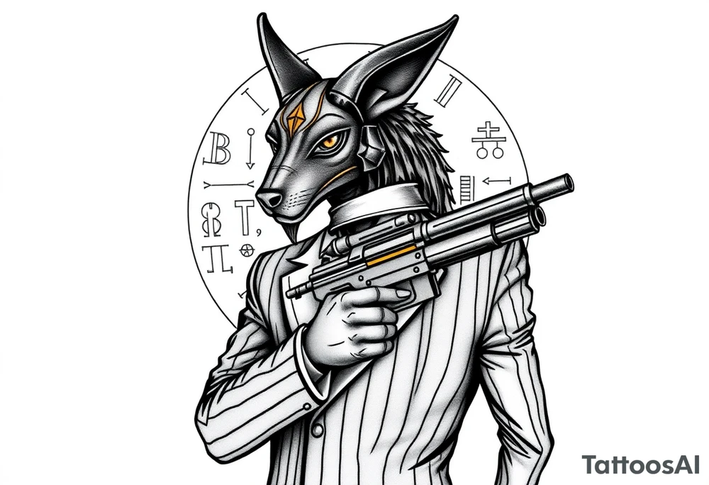 "Anubis in a 1920s gangster pinstripe suit, holding a tommy gun. His jackal head is half-cyborg (exposed circuits). Hieroglyph background spells 'BTC TO THE MOON'.  

Style: Art Deco meets cyber-Egyptian. Black/red/gold ink. Forearm sleeve." tattoo idea