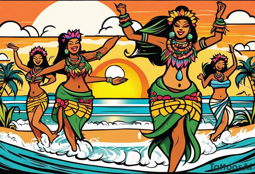 dancing tiki gods with sexy hula women having a dance part on the beach with a sunset in the center of the image with tiki gods tattoo idea
