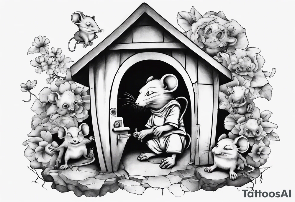 babboon in a playhouse with mice tattoo idea