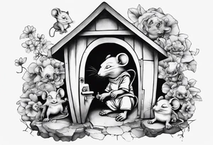 babboon in a playhouse with mice tattoo idea
