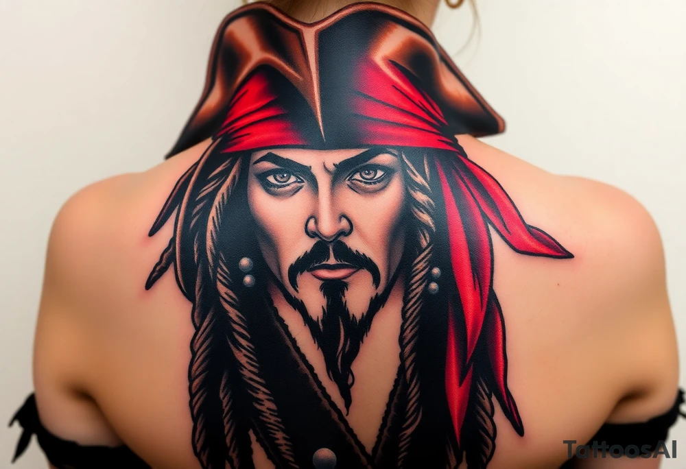 A stylized Jack Sparrow with exaggerated pirate hat and wild dreadlocks, done in bold black ink with deep red highlights for the bandana tattoo idea