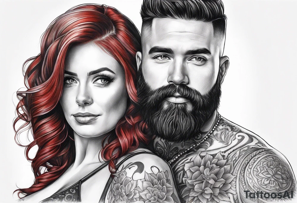 Busty red haired woman with a bearded man who has black hair getting married tattoo idea
