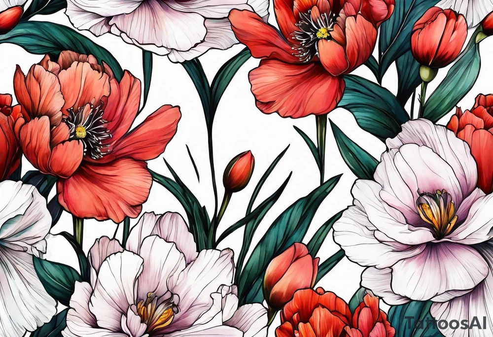 Peony iris cosmos poppy and gladiolus flowers tattoo idea