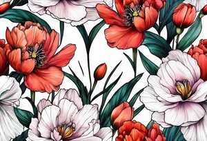 Peony iris cosmos poppy and gladiolus flowers tattoo idea