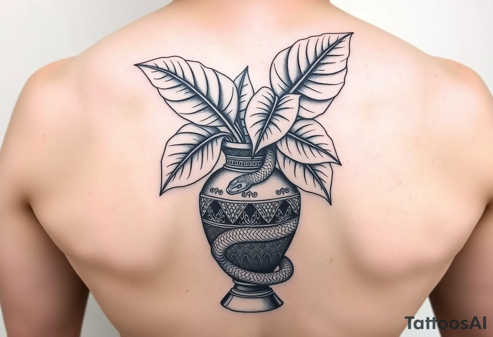 Large Decorative ornamental
 vase with large philodendron leaves with a snake wrapped around showing the head of the snake tattoo idea