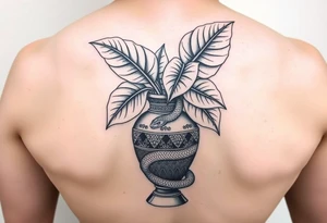 Large Decorative ornamental
 vase with large philodendron leaves with a snake wrapped around showing the head of the snake tattoo idea