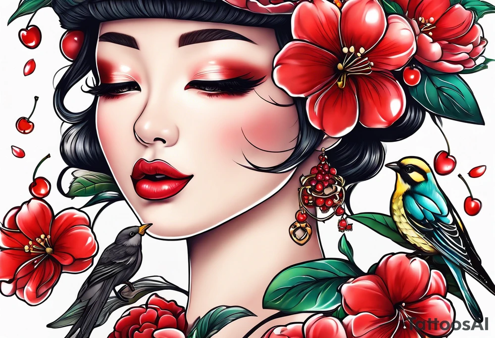 “Be Fruitful”, Cherry, lips, birds, bees tattoo idea