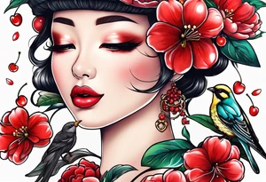 “Be Fruitful”, Cherry, lips, birds, bees tattoo idea