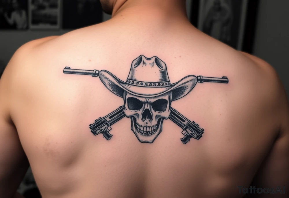 skull with cowboy-hat beneath two guns. tattoo idea