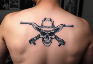skull with cowboy-hat beneath two guns. tattoo idea