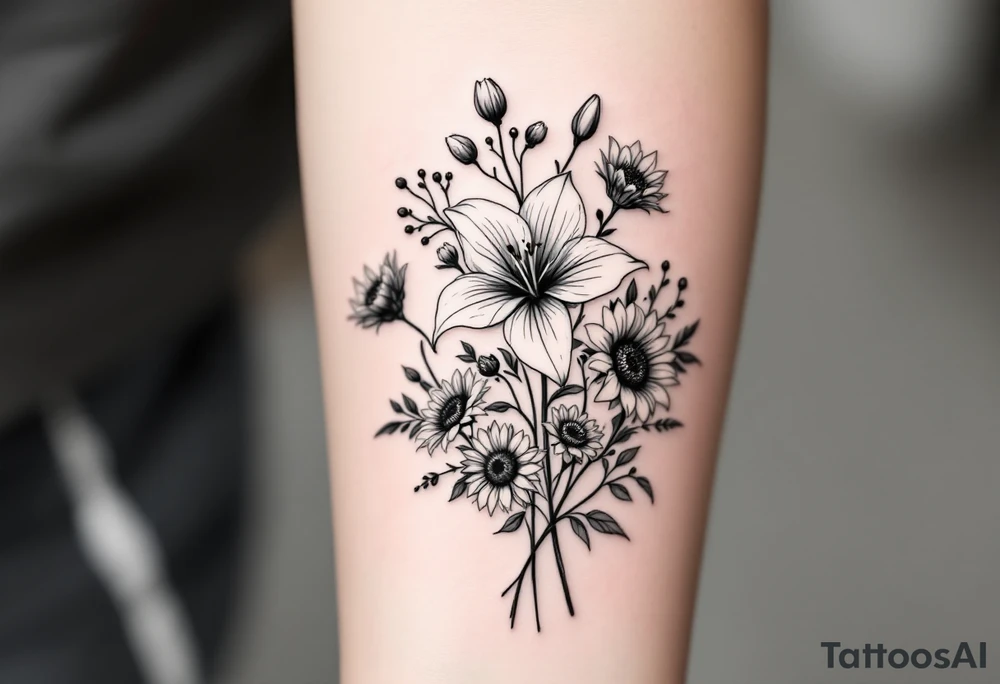 Stargazer lillies with small sunflowers and tulip buds in a dainty wildflower bouquet with stems tattoo idea