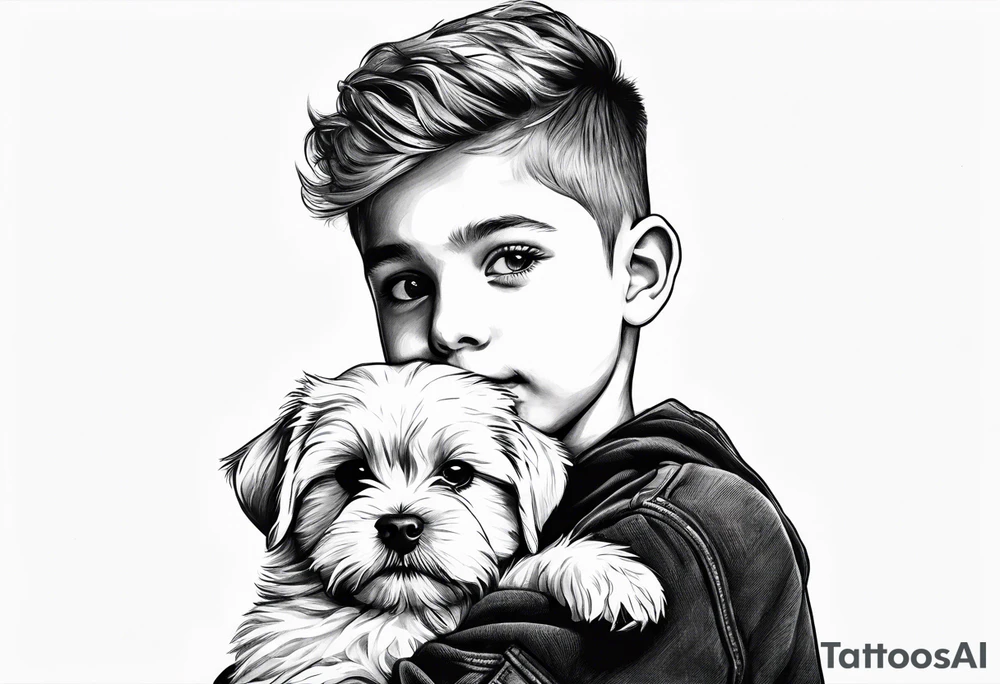 A boy holding a Maltese dog tattoo idea