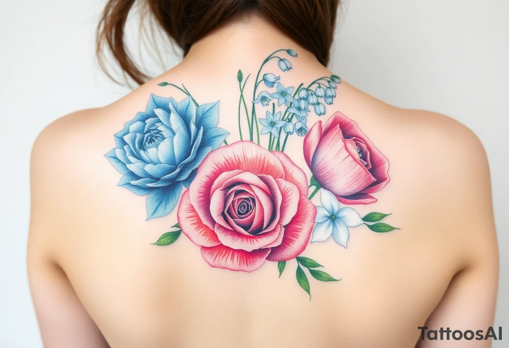 Bouquet of flowers with a carnation, rose, Lily of the valley, delphinium with stems Starting upper middle back to right shoulder tattoo idea