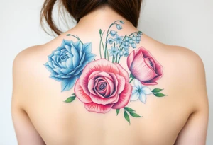 Bouquet of flowers with a carnation, rose, Lily of the valley, delphinium with stems Starting upper middle back to right shoulder tattoo idea