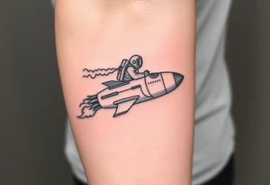 Busted Rocket ship with smoke coming out the back with astronaut riding it tattoo idea