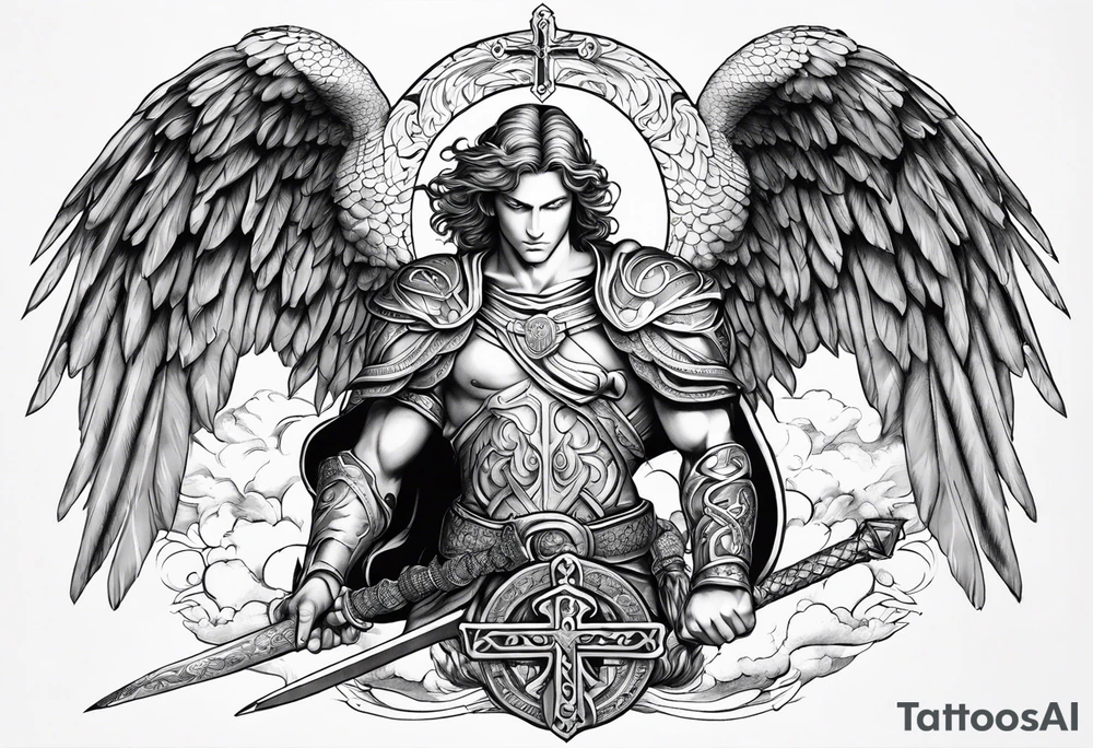 archangel Michael, sword, snake, bible verse, cross, clouds tattoo idea