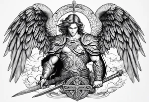 archangel Michael, sword, snake, bible verse, cross, clouds tattoo idea