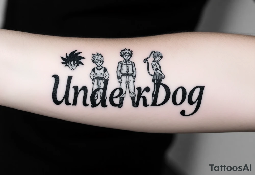 the word underdog in a with 3 anime characters Goku  and Naruto and ippo  one standing in the middle one standing on the right and one standing on the left
 above the word tattoo idea