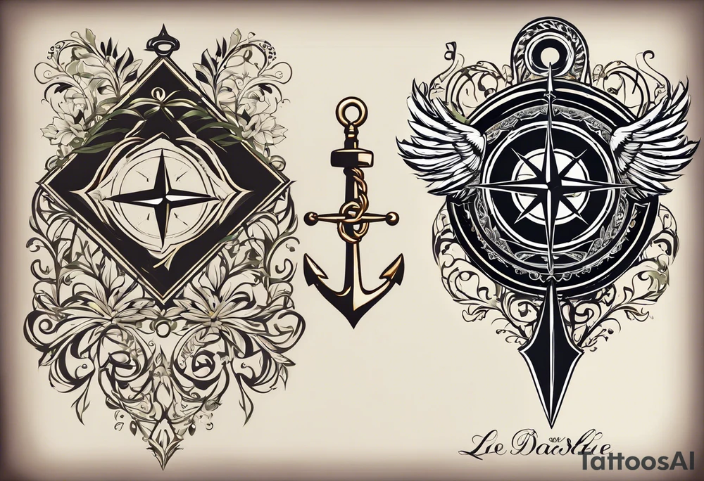 Tattoo Design Layout
Central Element: A compass as the main focal point, symbolizing guidance and direction.
Symbol Placement and Details
Anchor (Strength): Positioned at the bottom left of the design, symbolizing strength and resilience with a grounded presence.
Heart (Love): Placed near the top left, representing love as a core value.
Olive Branch (Peace): Positioned on the top right, using soft, flowing lines to convey calmness and peace.
Open Hand (Kindness): Located at the bottom right, symbolizing kindness and generosity with a welcoming gesture.
Lotus Flower (Compassion): Positioned near the compass to represent compassion and personal growth.
Chain Link (Loyalty): Integrated as a border or framing element, symbolizing unbreakable bonds and loyalty.
Sun (Goodness): Placed above or behind the compass, symbolizing light, warmth, and goodness.
Clear Open Eye (Honesty): Near the compass, symbolizing insight and transparency. tattoo idea