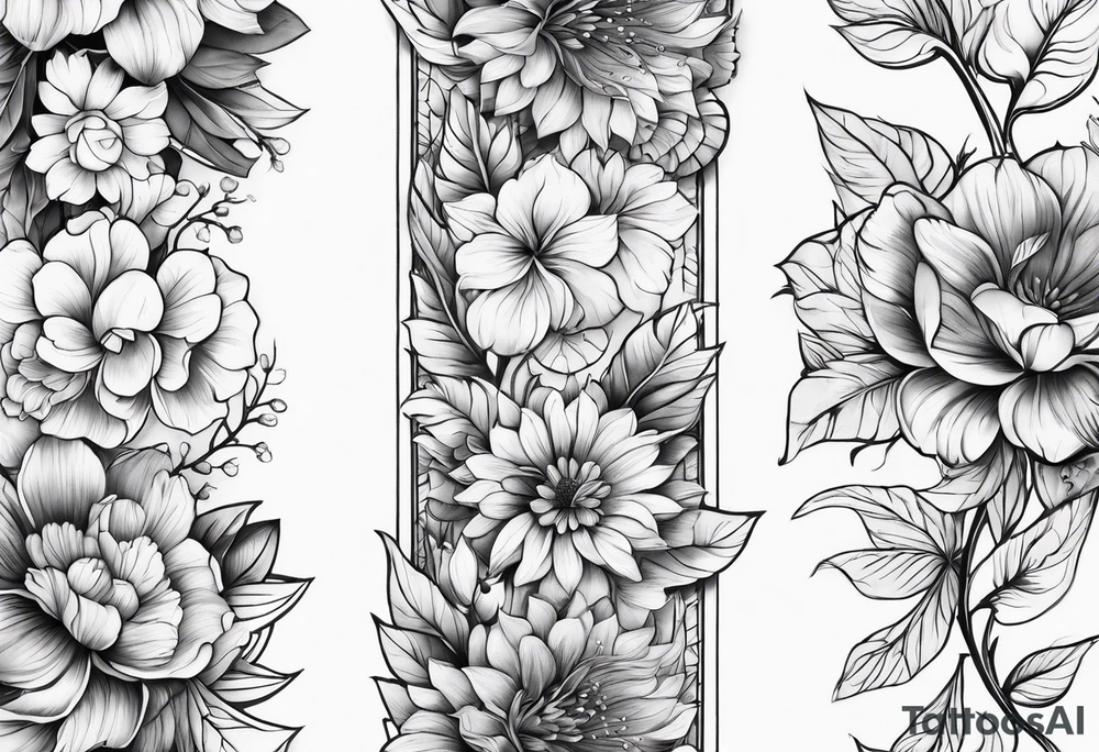 Verticle arm wrap of soft flowers and leaves forearm tattoo idea